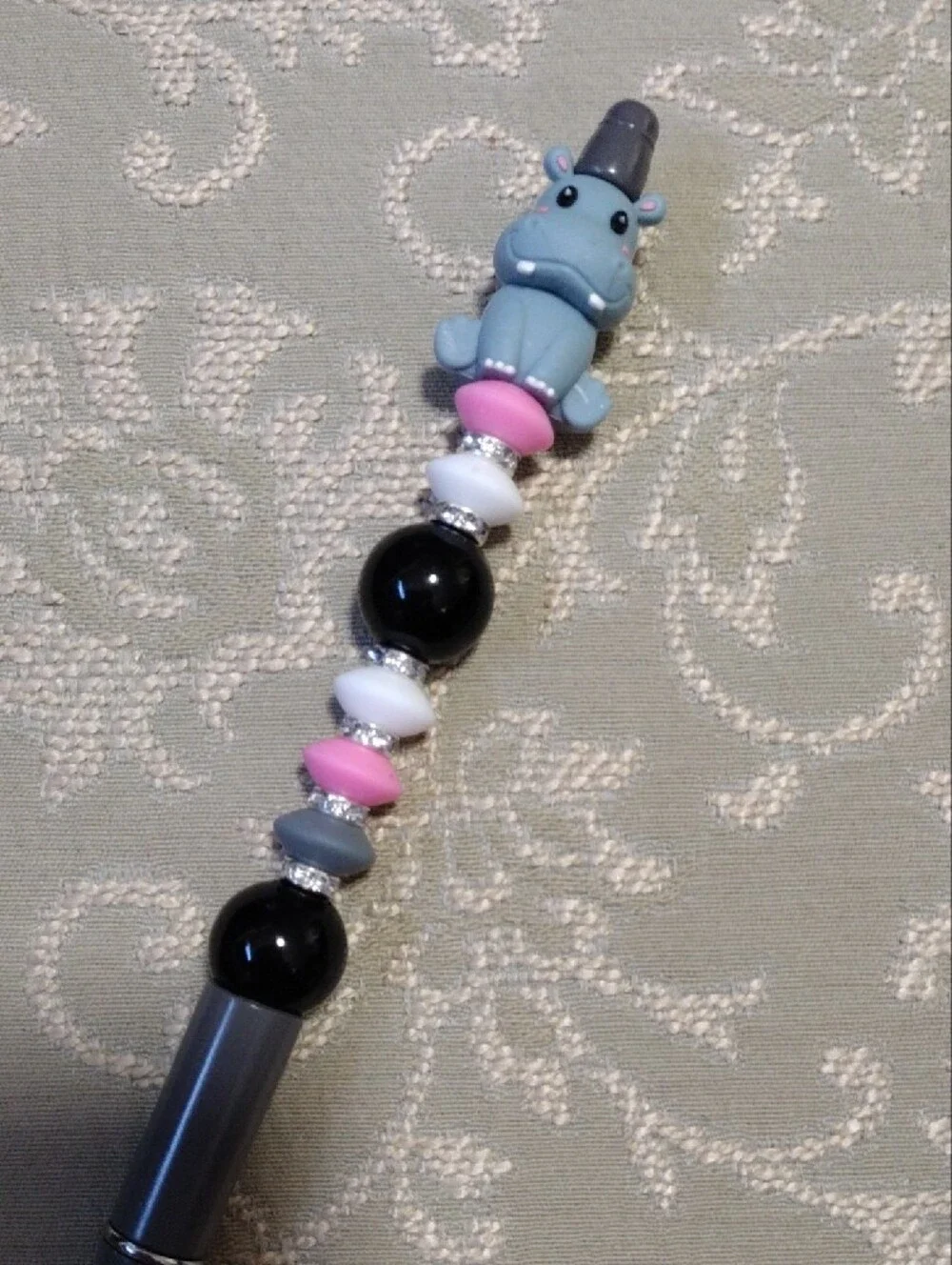 Gray and Pink Beaded Hippo Pen - Decorative Home Office Writing Pen